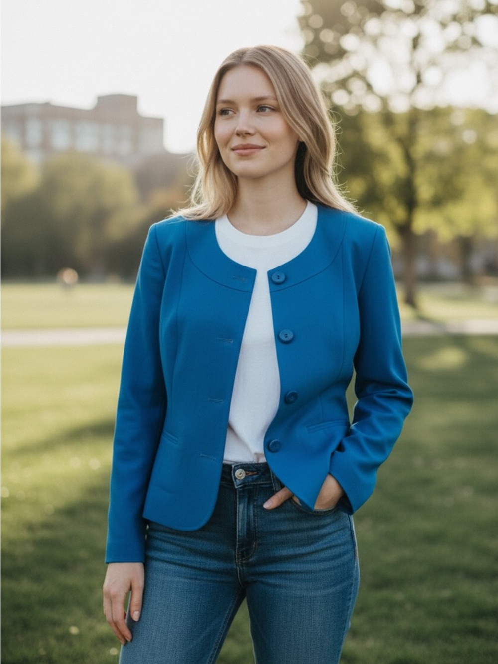 Cropped Teal Blue Round-Neck Women's Blazer